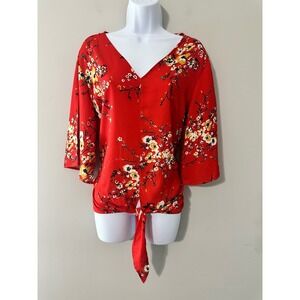 BLUETIME Red Floral Print V Neck Tie Front 3/4 Sleeve Blouse Top Women's Size L